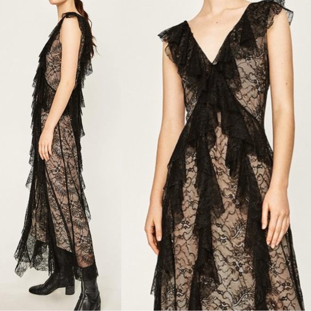 ZARA WOMAN STUDIO NWT PREMIUM Black & Nude Lace Ruffle Frill V Neck Maxi Dress - Picture 6 of 14